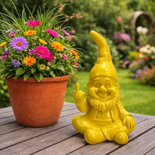 Online Fuchs Lustiger Gartenzwerg für außen mit Mittelfinger in modernen Farben - 21 cm groß - Gartenfiguren für draußen, wetterfest - humorvolle Geschenkidee für Gartenfreunde (Gelb)