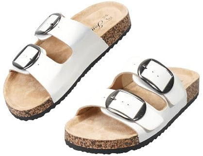 JOMIX Sandalias Mujer con Hebillas Ajustables Zuecos Abiertos de Piel Sintética Zapatos de Verano con Tacón Plano, WCX260159, Blanco, 40 EU
