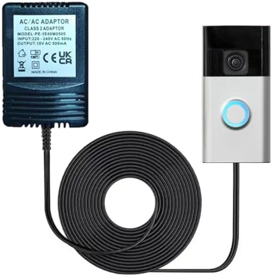 Doorbell Transformer 18V 500MA, 10m/394in Video Doorbell Power Adapter, C Wire Transformer Adapter AC Power Compatible with Ring Doorbell 2 Pro, Skybell, EuFy, Nest, Arlo