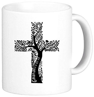 Religion Christentum Belief Kirche schwarz Heiligen Kreuz Baum Blätter Kultur, Design Art Illustration Muster Classic Tasse Weiß Keramik Keramik Tasse Milch Kaffee mit Griffe 350 ml