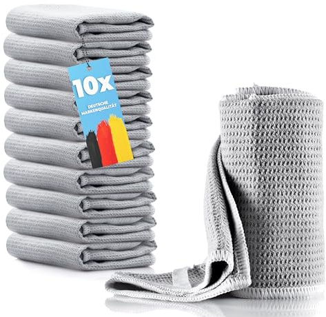 HELOME Microfaser-Trockentücher | Geschirrtücher | Waffeltuch 38X60cm- Für Bad, Küche, Auto, und Gewerbe. Streifenfreies Trocknen v. Fenstern, Duschkabinen, Gläsern, Besteck u.Geschirr (10, Grau)