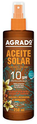 Aceite Protector Solar Hidratante con Factor de Protección Solar 10 SPF UVA UVB en Spray Resistente al agua Textura ligera Invisible 250 ml - Agrado