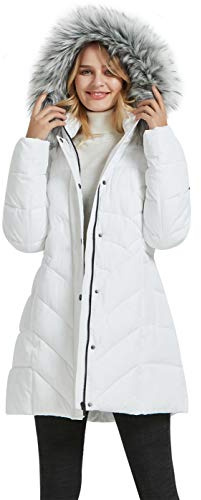 BINACL Hooded Down Alternative New Year Coat, Galentine Long Heavenly Fashion Mid Length Thickened Jacket with Fur Trim Puffer Great with Jeans Cotton Padding Jacket Best Wishes Plus Size(White,XL)