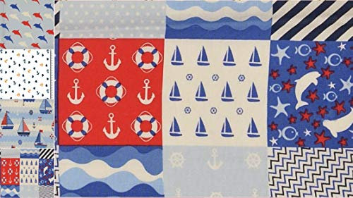 StoffBook WEIß/BLAU/ROT Baumwollstoff Baumwolle Popeline Bedruckt MARITIM Muster Patchwork-Look Stoff, E039 (Weiß/Blau/Rot)