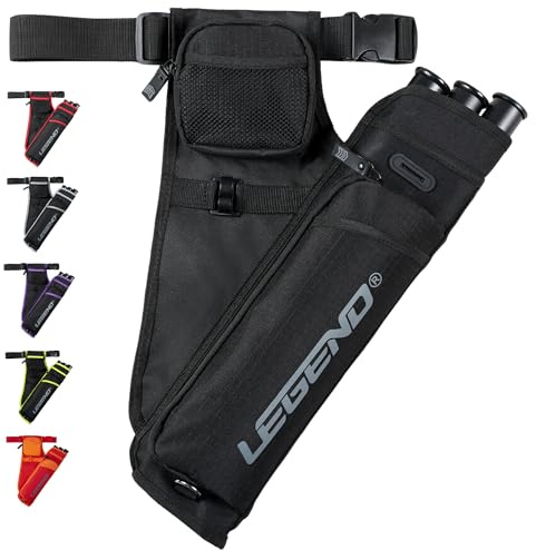 Legend First Archery Quiver Case for Arrows - Right Handed Target Shooting Hip Quivers with Adjustable Belt & 3 Arrow Tubes - Durable T-Slot & Storage Pockets for Accessories & Score Card - Black