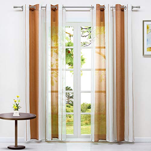HeichkelL 2er Set Vorhänge mit Ösen Halbtransparente gestreifte Gardinen in Leinen-Optik Modern Ösenschals für Wohnzimmer Schlafzimmer Weiß-Braun je Stück BxH 140x175cm