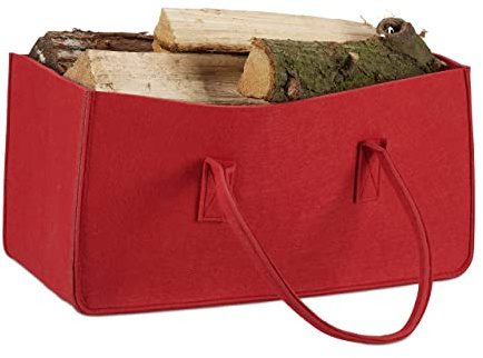 Relaxdays 1 x Kaminholztasche aus Filz, tragbarer Feuerholzkorb, Faltbarer Zeitungshalter HBT: 25 x 25 x 50 cm, Filzkorb, rot