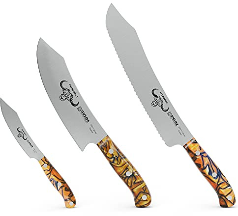 Giesser seit 1776 - Made in Germany - PremiumCut, Spicy Orange, Messerset 3 teilig, Kochmesser 20 cm, Brotmesser 25 cm, Officemesser 10 cm, Acryl, exotisch, rostfrei, Grillmesserset