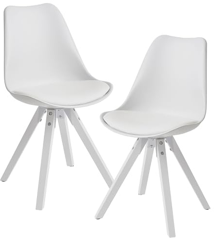 FineBuy Esszimmerstuhl 2er Set Retro Weiß, Küchenstuhl Kunstleder | skandinavische Stühle mit Rückenlehne und Filzgleitern, gepolsterte Sitzschale, Polsterstuhl bequem