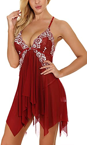 ONGASOFT Kvinnor sexiga underkläder set fram öppen stängning V-ringad spets babydoll nattkläder klänning med G-string, Vinröd, S