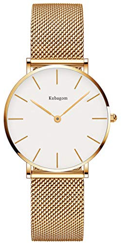 Kubagom Damen Armbanduhr Analog Quarz Edelstahl Wasserdicht Mesh Ultradünne
