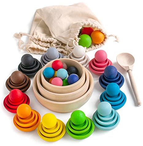 Ulanik Farben und Größen Montessori Spielzeug Holz Sorter Spiel 36 Bälle Alter 1+ Farbe Sortierung und Zählen Vorschule Lernen Bildung