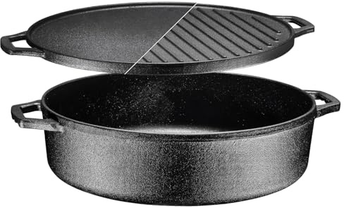Bruntmor 3-In-1 Pre-Seasoned Cast Iron Skillets Round Deep Roasting Pan With Reversible Grill Griddle Lid, Non-Stick Open Fire Camping Kitchen Cookware, Use As Frying Pan 6.8 Quart- Black