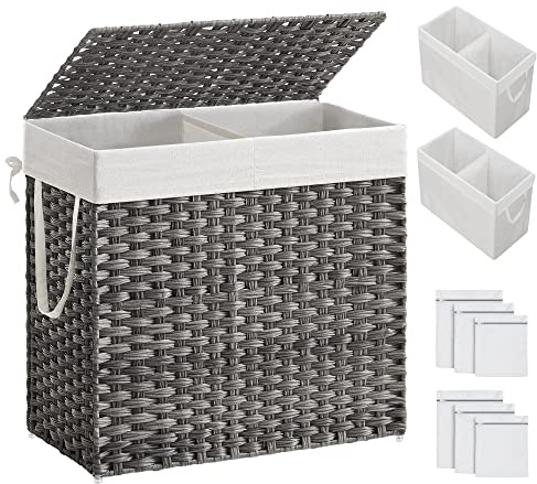 SONGMICS Wäschekorb Mit Deckel, 130 L, 2 Herausnehmbare Beutel, 6 Netztaschen, Poly-Rattan, Doppelt Für Badezimmer, 33 x 66 x 69 cm, Grau ULCB253G01