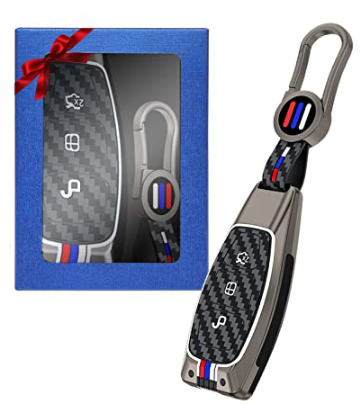 Yumzeco Zink Legierung Autoschlüssel Hülle Cover, 3-Tasten Auto Schlüsselhülle Cover Kompatibel mit Ford Fusion Focus Fiesta Kuga C-Max Galaxy,Silicone TPU Kohlefaser-Muster Smartkey Schutzhülle Grau
