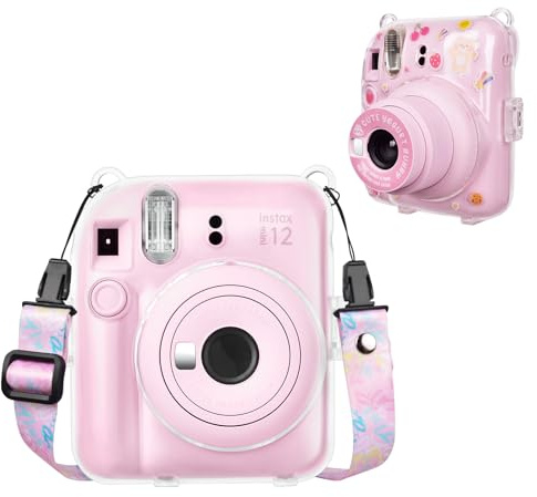 HIYQIN Housse Transparent pour Appareil Photo Instantané Fuji Instax Mini 12 – Coque Rigide Transparente pour Polaroid Instax Mini 12 avec Bandoulière et Autocollant - Rose