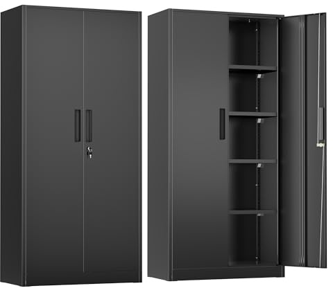 Greenvelly Metal Storage Cabinet, 72 Black Locking Metal Cabinet with 2 Doors and 4 Adjustable Shelves, Lockable Garage Storage Cabinets for Home Office, Garage, Kitchen, Living Room