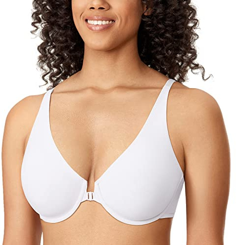 DELIMIRA Women's Front Fastening Bras Seamless Full Coverage Unlined Underwire Support Bra White 38DD