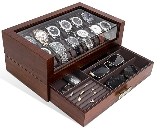 KAMIER Uhrenbox Herren mit 12 Fächern, Luxuriöse Groß Echtholz Watch Box 2 Ebenen, Uhrenkasten mit herausnehmbaren Uhrenkissen und Schublade, Premium Uhrenkoffer mit Glasdecekel (mit Geschenkbox)