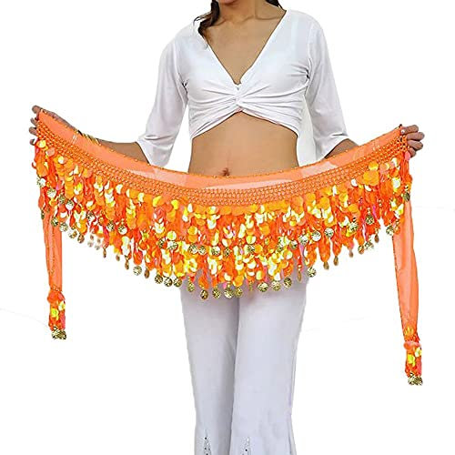 Rubruan Bauchtanz Hüfttuch Taillenkette Gürtel – Professionelles Tanzkostüm Sexy Tanzkleid Rock Outfit Zubehör mit 88 Münzen Pailletten Hüftschal für Damen Mädchen Doppellagig – 160 cm