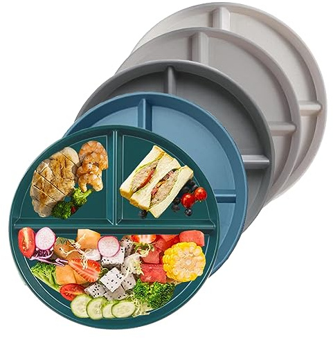 RUIBOLU Unbreakable Divided Plates 5PCS for Kids Adults, Compartment Plate, Lightweight Reusable Dinnerware Portion Control Plastic Plates (5Pack 9 Inch)