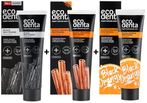Ecodenta Black Whitening Zahnpasten-Set x3 Stück I Schwarze Kohle Zahncreme Zahnaufhellung 100ml, Aufhellende Zahnpasta mit schwarzem Zimt, 100 ml, Whitening Toothpaste Orangengeschmack 100ml