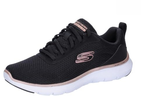 Skechers - Flex Appeal 5.0, Scarpe da Ginnastica, Rete Nera con Finiture in Oro Rosa, 37 EU