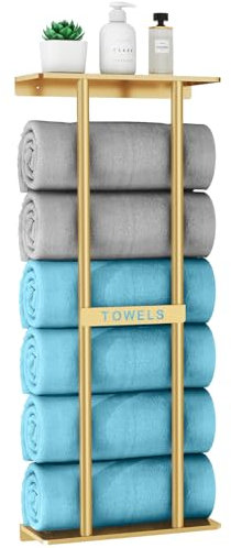STWWO Towel Rack Wall Mounted Bath Towel Holder 76cm Bathroom Towel Holder with Shelf Large Bath Sheets Rolled Towels Storage for Small Bathroom Organizer, 76x32x14cm, Golden