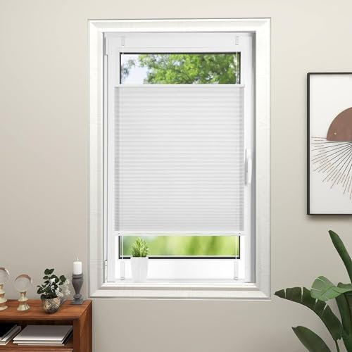 Thermo Plissee Ohne Bohren 25 x 130 cm Verdunklungsplissee Lichtundurchlässig Lichtdurchlässig Rollo inkl. Zubehör für Fenster & Tür, Weiß