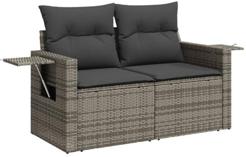 vidaXL Gartensofa mit Kissen 2-Sitzer, Sofa mit klappbaren Ablagen, Terrassensofa mit abnehmbarem waschbarem Bezug, Gartenmöbel Terrassenmöbel, Grau Poly Rattan