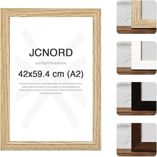 JCNORD MDF Eichenfarbener Holz Bilderrahmen A2 (42x59.4 cm) mit bruchsicherem Acrylglas | Moderner Fotorahmen für Wände und Tische