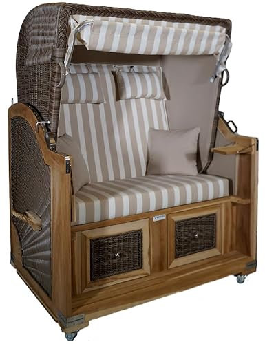 Strandkorb Teak Creme/weiß Stoff 2 Sitzer Voll-Liegemodell