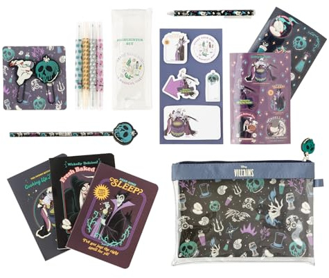 Grupo Erik Disney Bösewichte Schreibwaren Set Mäppchen mit Kugelschreiber | Bleistift mit Radiergummi - Federmäppchen Groß - Büroklammern - 4 Textmarker - Notizzettel Klebend Disney Fanartikel
