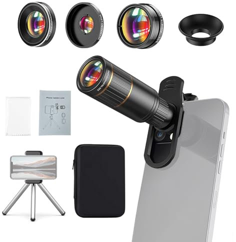 Andoer Kit de lentes de teléfono 4 en 1, lente de cámara externa para teléfono con teleobjetivo 22X, lente ojo de pez de 205°, lente gran angular 4K 0.67X, clip de lente macro de 25X, mini trípode de