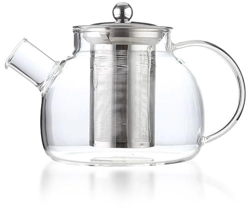 Glass Teapot 1000ml, Clear Teapot with Infuser Removable Stainless Steel Strainer Tea Pot for Tea Coffee Juice Beverage