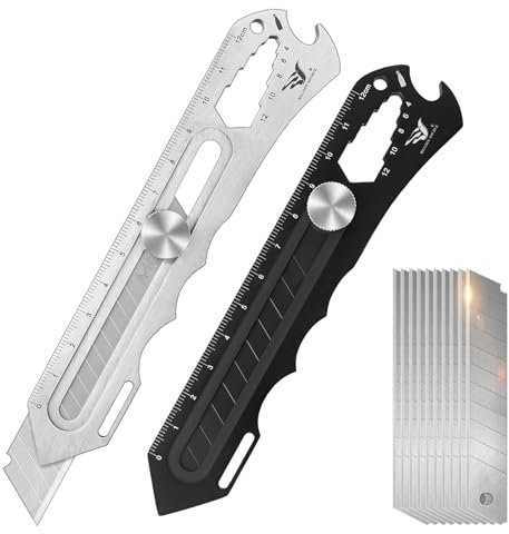 Taglierino Cutter Professionale, Confezione da 2 Coltelli Multiuso 18mm 10 Lame di Ricambio, Taglierino Retrattile in Acciaio Inox, Coltello per Ufficio, Casa, Uso Scolastico