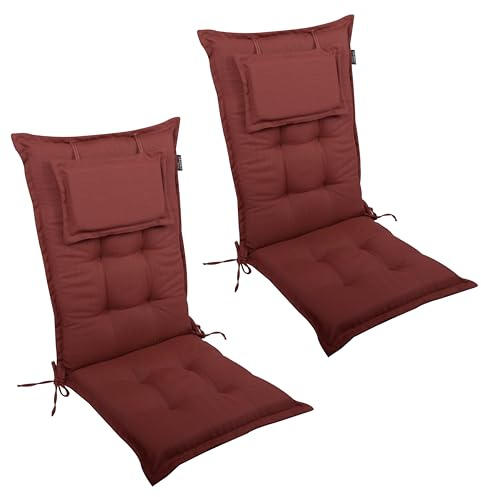 LILENO HOME Gartenstuhl Auflagen als [2er Set - Hochlehner] in Rot Y | bequeme Liegen als Sitzauflagen für Gartenmöbel - Stuhlkissen für Gartenstühle und Klappstühle MAR