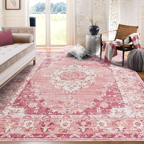Taleta Waschbare Teppiche für Wohnzimmer, groß, rosa, rutschfest, Vintage-Teppich für Schlafzimmer, weicher Kurzflor, orientalischer Teppich für Küche, Esszimmer (Rosa, 160 x 230 cm)