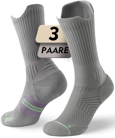 Juclise Bambus Coolmax Kompressionslaufsocken Sport Wandern Atmungsaktive Feuchtigkeitstransport Anti-Blasen Gepolstert Senkfußeinlage (DE/NL/SE/PL, Numerisch, 38, 42, Regular, Regular, Grau Lila)