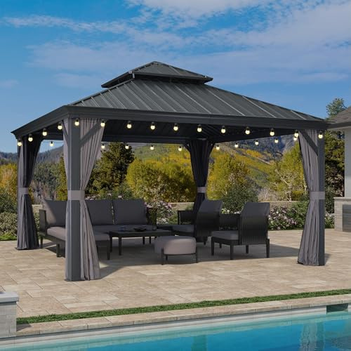 PURPLE LEAF Pavillon 4 x 4 m Wasserdicht Stabil Winterfest Gartenpavillon Hardtop Pavillon mit Seitenteile Alupavillon 14.6 m 24 LED Kugel Lichterkette für Terrasse, Grau