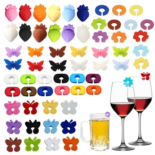BRITIVIVE Glass Marking Drinking Glasses Pack of 60 Glass Markers Silicone Glasses Markers Glass Markers Children for Wine Glass, Champagne Glass, Cocktail Glass, Bar Party Decoration, 1, Plastic, No