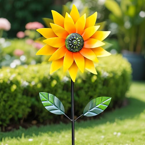 Windrad Kinder, Windrad Garten Deko Zweizelblatt, 116cm-Hohe Sonnenblumen Windmühle Garten, Gartendeko für Draußen Wetterfest, Metall Gartendeko Windräder Stecker, für Rasen Terrasse Balkon (A)