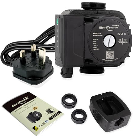 BritTherm P1 25/12-130 A-Rated Central Heating Circulating Pump | 12m Head, 6.1 m3/h Max Flow, EEI <0.23 | Auto/Night Modes, 130mm Port-to-Port, 1 1/2 Connections