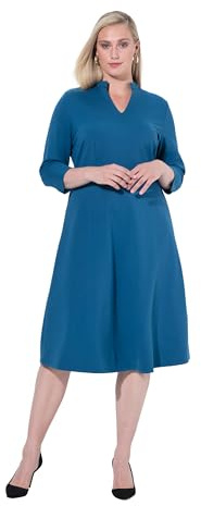 Ulla Popken Femme Grandes Tailles Robe Point de Rome, Coupe évasée, col V, Manches 3/4 Bleu pétrole 54+ 827043750-54+
