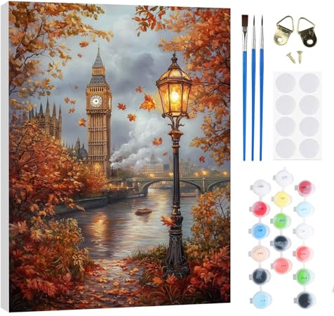RICUVED Herbst Landschaft Malen nach Zahlen Erwachsene Kinder, London Malen nach Zahlen DIY Handgemalt Ölgemälde Kit Paint by Numbers Adult mit Rahmen 3 - Pinseln und Acrylfarbe Kit 20x30cm