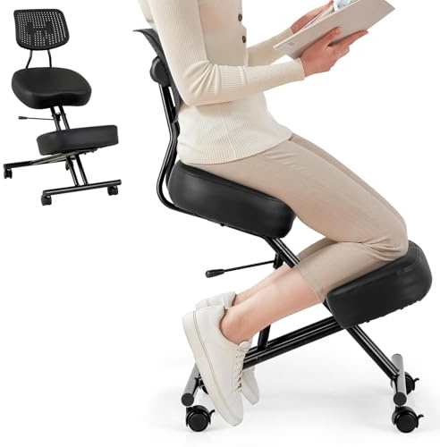 HOMASIS Ergonomischer Kniestuhl, Kniehocker mit 4 Rollen & Bremsen, höhenverstellbar, Bürostuhl mit dickem Sitzkissen, Orthopädischer Sitzhocker Computerstuhl für Zuhause & Büro (mit Rückenlehne)