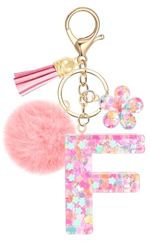 JSRQT Niedlicher Rosa Schlüsselanhänger Buchstaben, Namens Alphabet Harz Schlüsselanhänger Blumen Pailletten mit Pompons, Taschenanhänger Key Chain