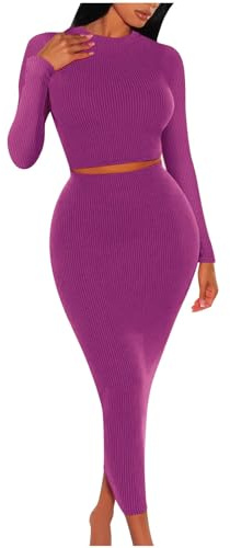 Completo da Donna in Due Pezzi, Completo da Salotto a Coste, Top Corti, Gonna in Maglia, Coordinato, Top Termici a Maniche Lunghe, Abito Aderente in Maglia, Casual per Uscire.
