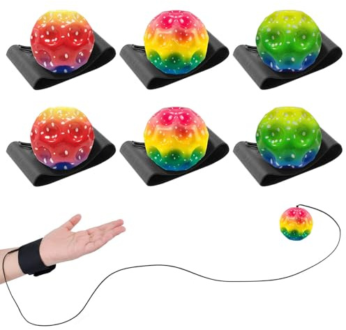 Huucozn 6 PCS Pelota Que Rebota con Cuerda Elástica, 6cm Bolas Retorno Muñeca, Bolas de Rebote con Pulsera, Pelota con Banda, Pelotas Saltarinas de Goma para Juegos en Interiores y Exteriores