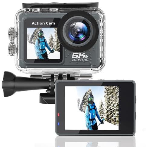 KIMISS 5k Actionkamera mit EIS, Zwei Bildschirm, WLAN, 170 掳 Weitwinkelobjektiv, Camcorder, Ideal für Unterwasseraktivitäten Bis zu 30 Meter Tiefe, Echtzeit -Vorschau und Drahtlose